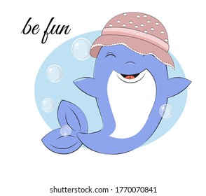 dolphin dolphin in hat have fun in bubble background. Picture in hand drawing cartoon style, for t-shirt wear fashion print design, greeting card, postcard. baby shower. party invitatio