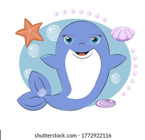 dolphin have fun in bubble background. Picture in hand drawing cartoon style, for t-shirt wear fashion print design, greeting card, postcard. baby shower. party invitatio