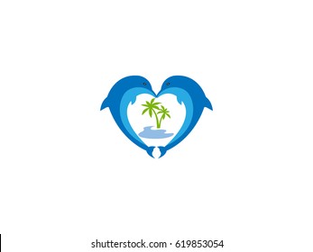 Dolphin Heart Logo With Palm Tree And Ocean