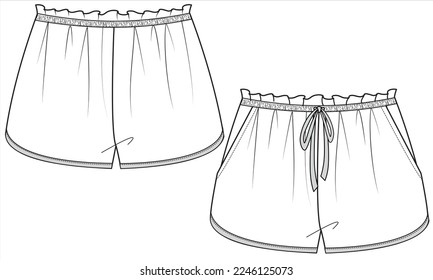 DOLPHIN HEM NIGHTWEAR SHORTS FRONT AND BACK IN VECTOR FILE