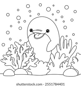 Dolphin Hiding Behind Coral Coloring Page for Kids. Funny animal outline illustration