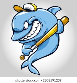 Dolphin holding a baseball bat. Angry dolphin with a yellow cap, mascot of a baseball team. Sport illustration concept.