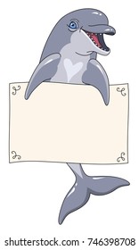 Dolphin holds banner template. Cute character isolated on white background
