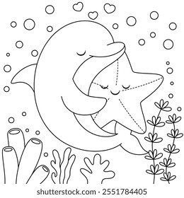 Dolphin Hug Starfish Coloring Page for Kids. Funny animal outline illustration