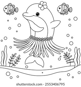 Dolphin in a Hula Skirt Coloring Page. Funny animal illustration colouring for kids