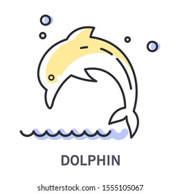 Dolphin icon with animal jumping into ocean water, side view. Wildlife sea creature, abstract minimal waves and bubbles. Cruise themed linear isolated vector illustration on white background.