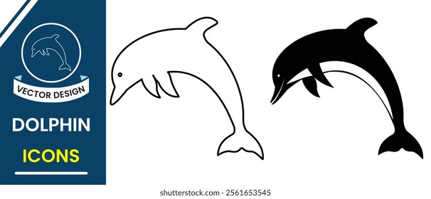 Dolphin icon black silhouette with outline. Dolphin icon, vector set. Fish icon, vector. Vector illustration.