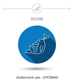 Dolphin icon. Cetacean mammal sign. Delphinidae with fountain symbol. Blue flat circle button. Linear icon with shadow. Vector