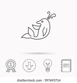 Dolphin icon. Cetacean mammal sign. Delphinidae with fountain symbol. Download arrow, lamp, learn book and award medal icons.