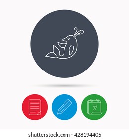Dolphin icon. Cetacean mammal sign. Delphinidae with fountain symbol. Calendar, pencil or edit and document file signs. Vector