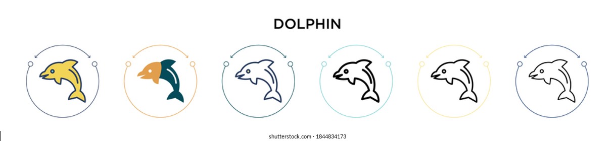 Dolphin icon in filled, thin line, outline and stroke style. Vector illustration of two colored and black dolphin vector icons designs can be used for mobile, ui, web