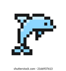 Dolphin icon in pixel art design isolated on white background, cetacean vector sign symbol