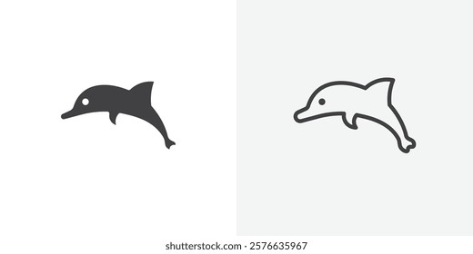 Dolphin icon set in black flat solid and outlined style.