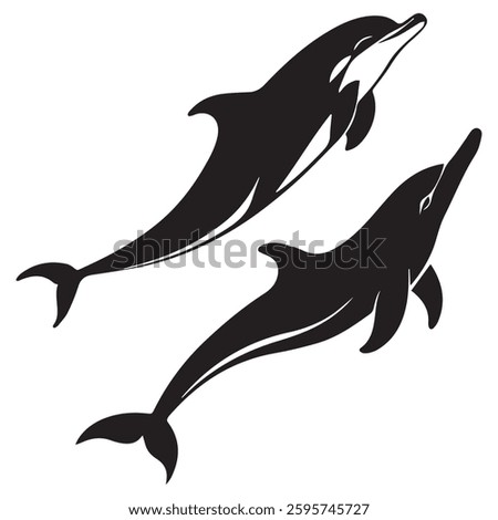 Dolphin icon set. Black silhouette of a dolphin on white background