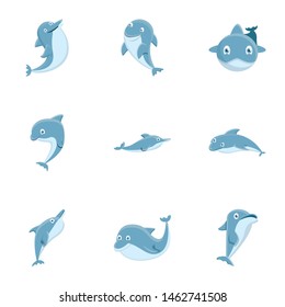 Dolphin icon set. Cartoon set of 9 dolphin vector icons for web design isolated on white background