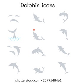 Dolphin icon set in flat color style