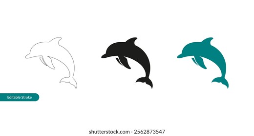 Dolphin Icon Set in Three Styles: Outline, Silhouette and Color