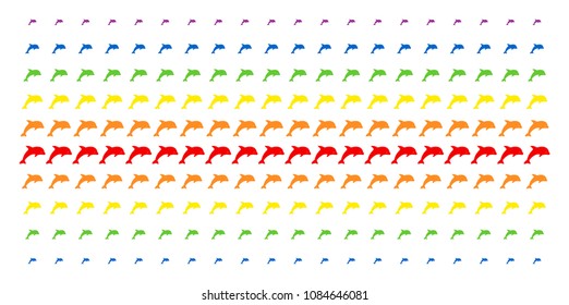 Dolphin icon spectrum halftone pattern. Vector pictograms organized into halftone array with vertical rainbow colors gradient. Designed for backgrounds, covers, templates and abstraction compositions.