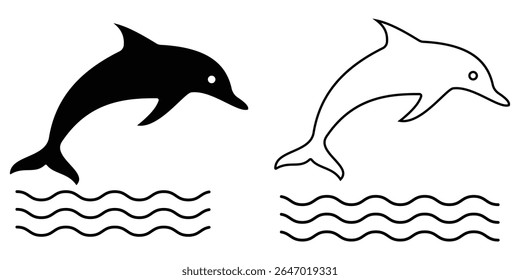 Dolphin icon, vector set. Silhouette of Dolphin icon symbol with outline. Fish icon, vector. Vector illustration.	
