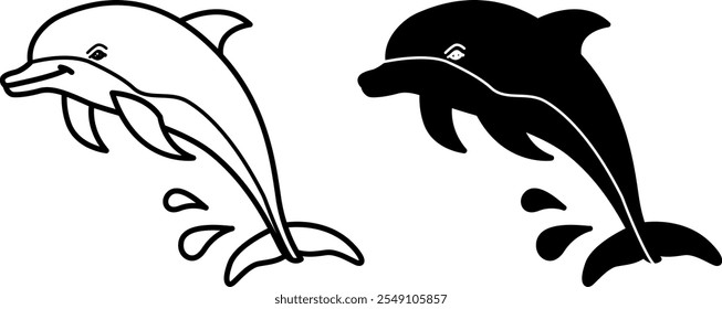 Iconos de delfines. Ilustración vectorial en blanco y negro. Mamífero, Pescado. Delfín lindo con aletas. Para el diseño de libros para colorear. Concepto de animales marinos