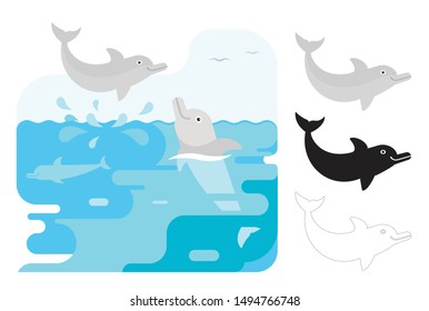 Dolphin icons. Flat vector illustration of dolphins. Decorative cute illustration for children. Graphic design elements for print and web.