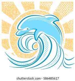 Dolphin illustration jumping in water waves.Vector color image