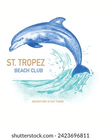 dolphin illustration on the beach, ideal for summer print, club logo, summer place print for t shirt