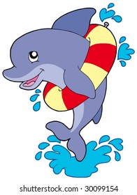 Dolphin with inflatable ring - vector illustration.