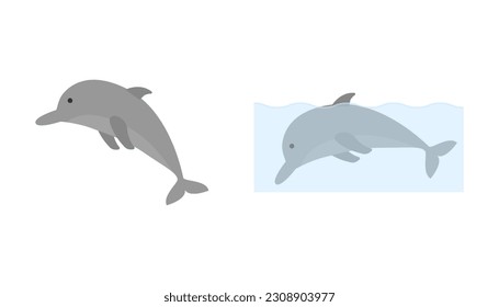 Dolphin isolated and in water. Cute surfacing dolphin shows fin. Cartoon marine animal. Flat vector illustration of creature