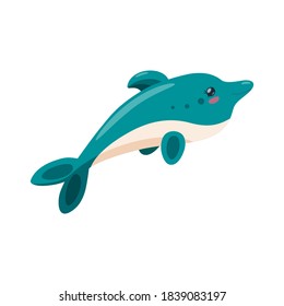Dolphin isolated in white background. Cute playful baby dolphin, intelligent underwater animal. Vector illustration in cartoon sryle