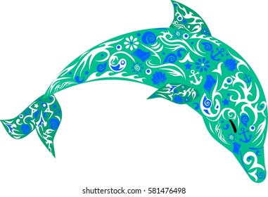 dolphin in the jump, a marine animal, the drawing on fish, vector illustrations which is jumping up a mammal, the sea of fauna, a wild animal, attracting the picture, sea shells, 