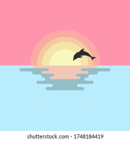 A dolphin jump out the sea with amazing sunset simple illustration