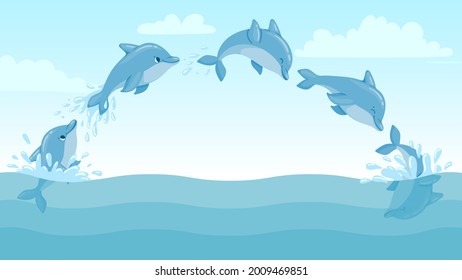 Dolphin jump out of water. Cartoon marine landscape with jumping dolphins and splashes. Cute ocean dolphin character vector animation frames. Dolphin splash in water, marine wildlife