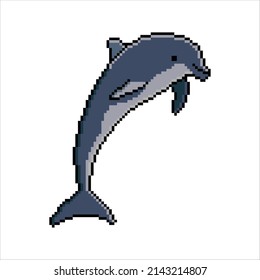 Dolphin jump in pixel art. Vector illustration. 