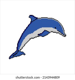 Dolphin jump in pixel art. Vector illustration. 