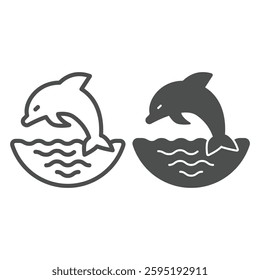 Dolphin jump at sea line and solid icon, eco tourism concept. Vector graphics. Sea animal with water waves sign on white background, outline style icon for mobile or web design
