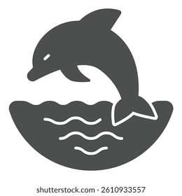 Dolphin jump at sea solid icon, eco tourism concept. Vector graphics. Sea animal with water waves sign on white background, glyph style icon for mobile or web design