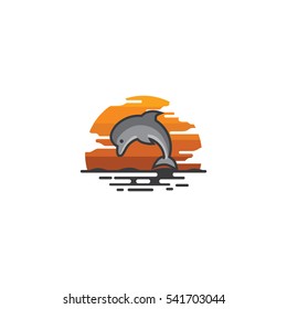 Dolphin jump from sea and sunset vector illustration
