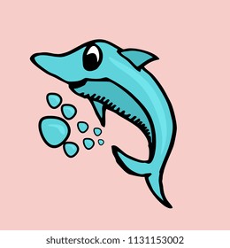 Dolphin jump and smile hand drawn cute colorful vector illustration isolated on pink pastel color.