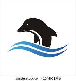 Dolphin jump from water, simple flat logo design.