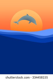 Dolphin jumping above sea level at sunset with orange sun and orange sky
