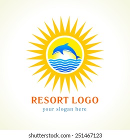 Dolphin jumping above waves, blue ocean. Sea sunset paysage. Round sign with tropical view. Summer holidays healthcare symbol. Isolated abstract graphic design template. Save the dolphins sign concept