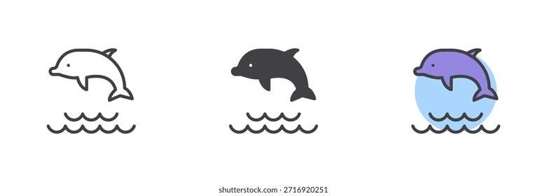 Delfín saltando sobre el icono de las olas en línea, sólido y lleno de estilo colorido de contorno. Icono de animal marino dos veces como signo de Vector, símbolo, ilustración de color para paquete tropical.