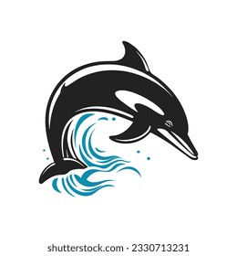 Dolphin jumping above waves logo mascot vector illustration
