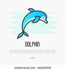 Dolphin jumping above waves in thin line style for spa, sport, travel logos. Vector illustration.