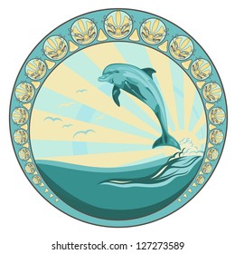 dolphin jumping among ocean waves - round vector label