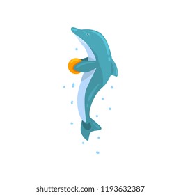 Dolphin, jumping with ball, sea animal performing in public in dolphinarium vector Illustration on a white background