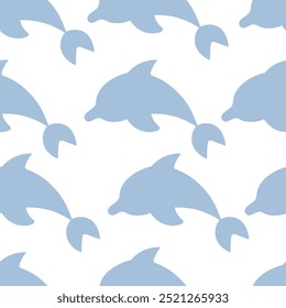 Dolphin jumping. Blue sea mammal. Repeating vector pattern. Seamless ornament of diving sea mammals. Isolated colorless background. Flat style. Ocean inhabitant with fins and tail. Idea for web design