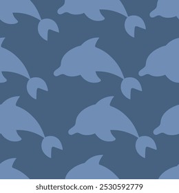 Dolphin jumping. Blue sea mammal. Repeating vector pattern. Seamless ornament of diving sea mammals. Isolated blue background. Flat style. Ocean inhabitant with fins and tail. Idea for web design.