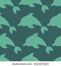 Dolphin jumping. Green sea mammal. Repeating vector pattern. Seamless ornament of diving sea mammals. Isolated green background. Flat style. Ocean inhabitant with fins and tail. Idea for web design. 